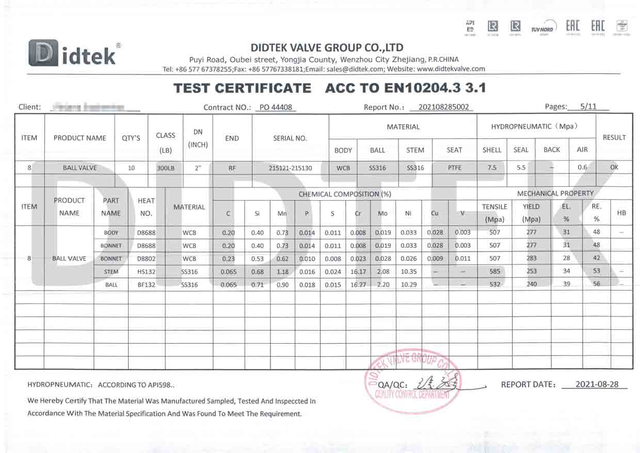 Certificat de test de soupape à billes ACC à EN10204.3 3