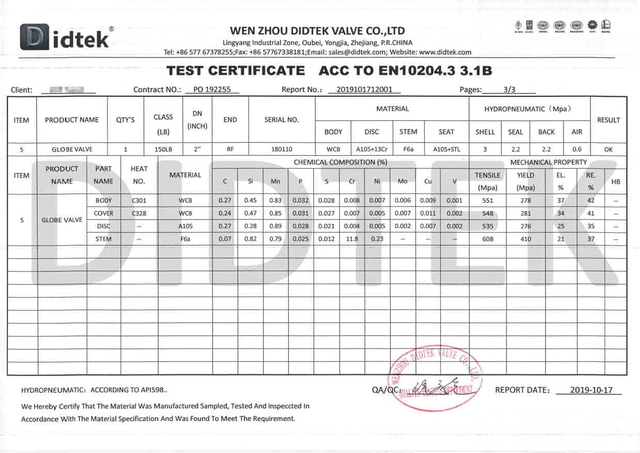 Certificat de test de valve Globe ACC à EN10204.3 3
