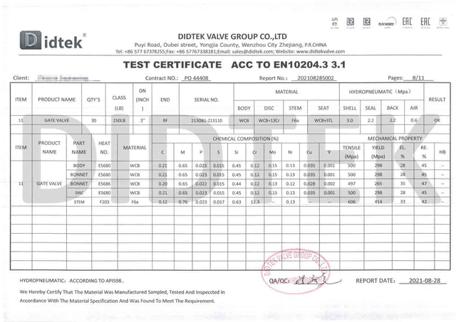 Certificat de test de soupape de porte ACC à EN10204.3 3